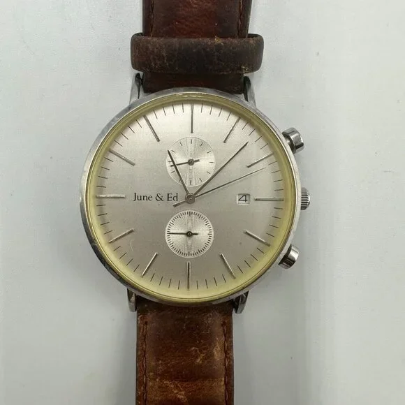 June & Ed Chronograph Watch Men Silver Tone 41MM Dial Date Window New Battery - Picture 2 of 13